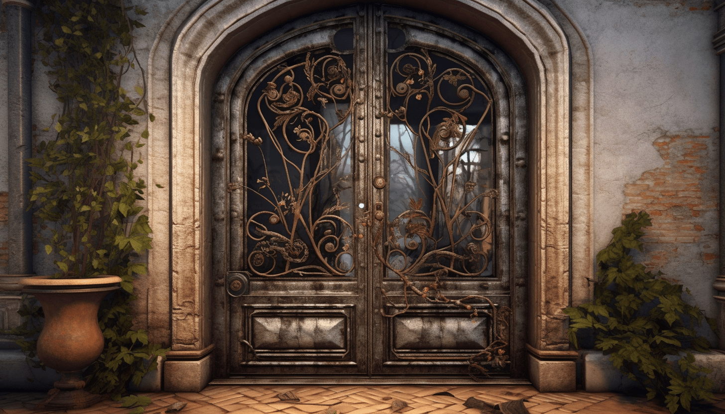 rustic wrought iron door with glass paneling