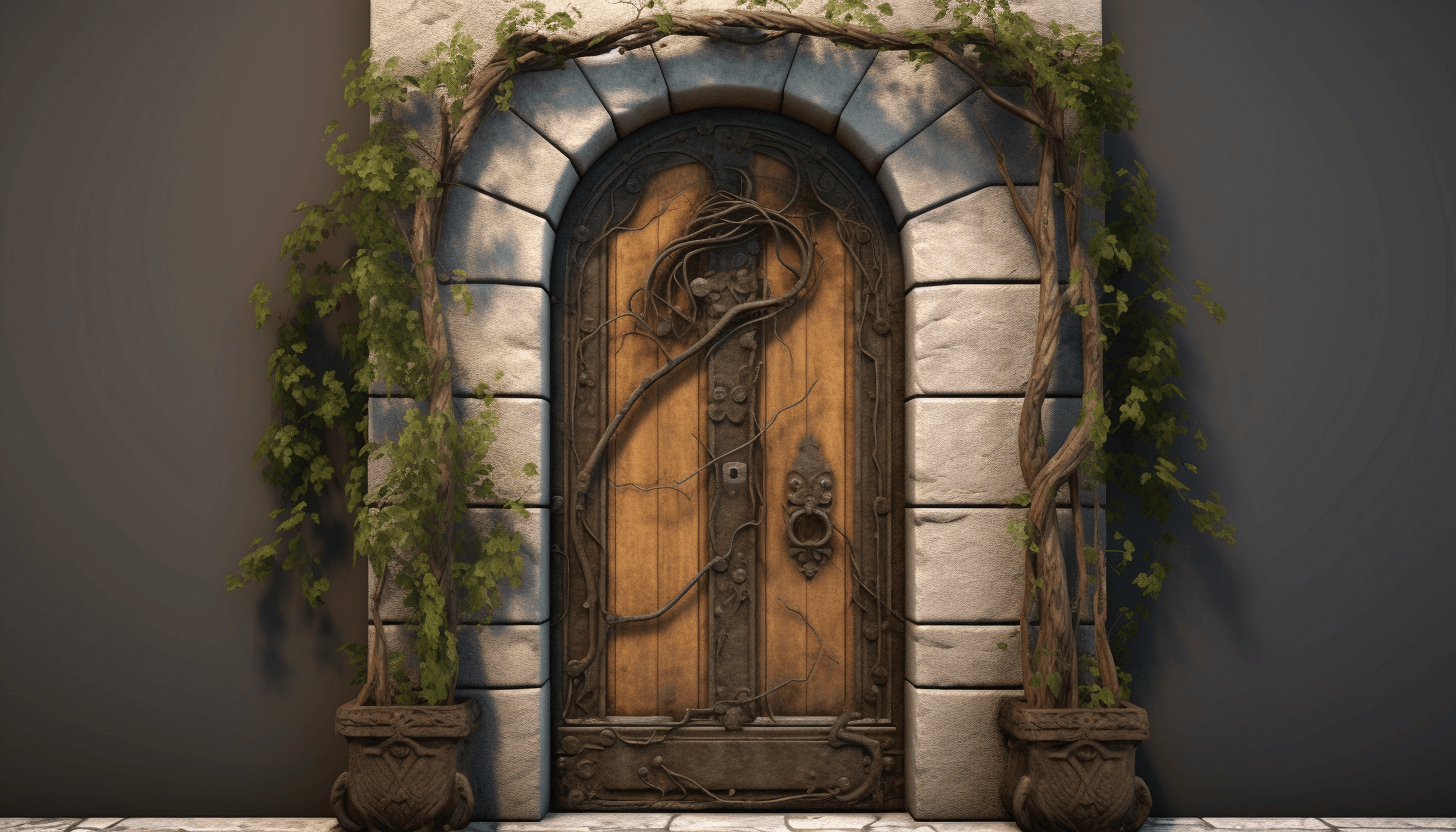rustic wrought iron door with stone arch