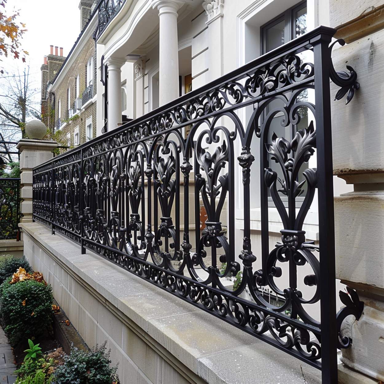 black wrought iron railing for a wall