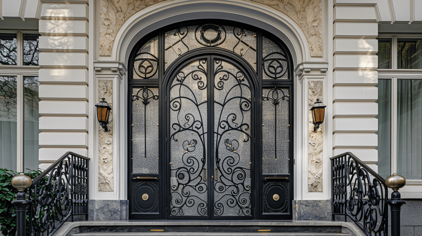 wide wrought iron door with frosted glass