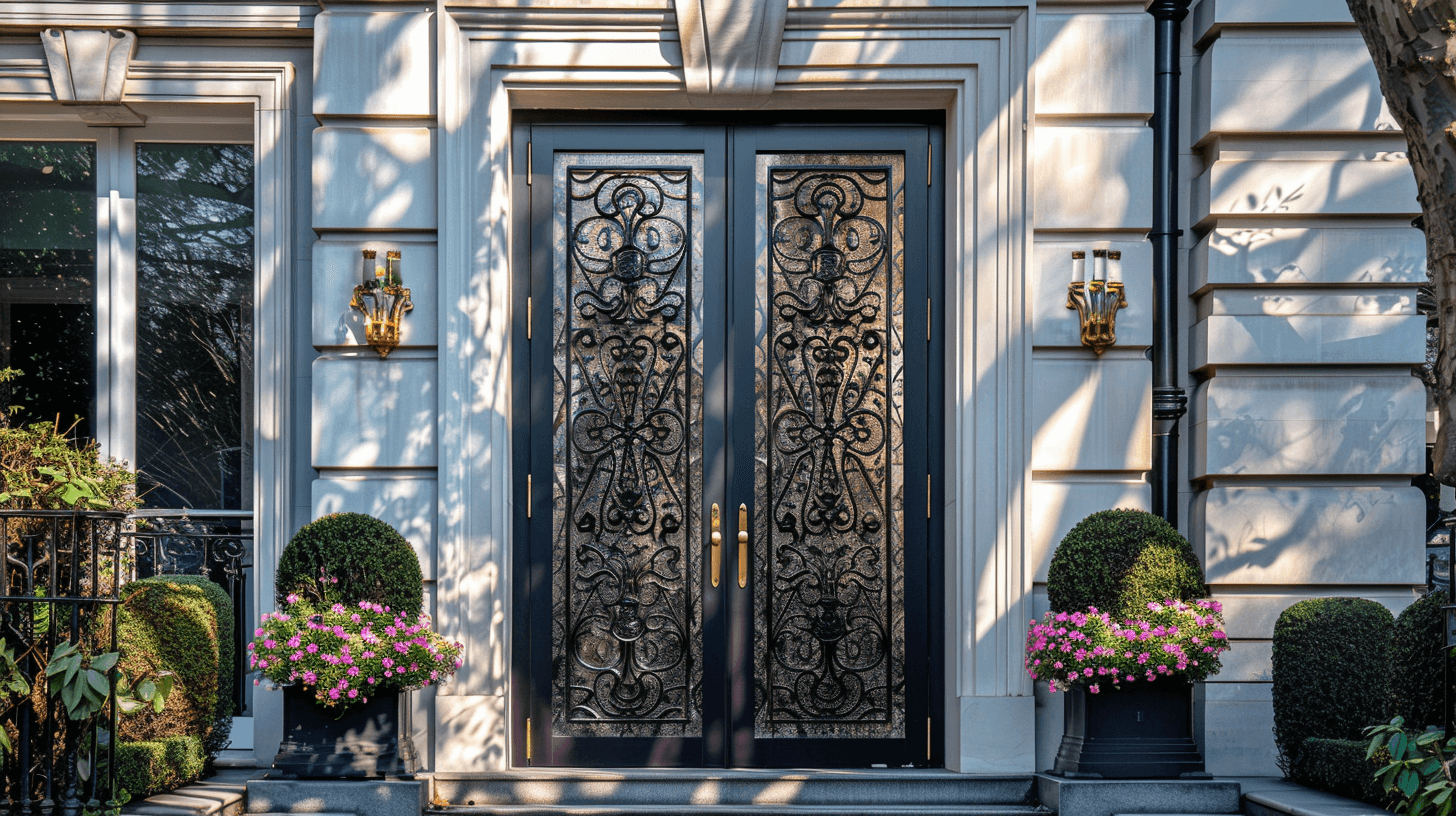 wrought iron glass door with gold accents